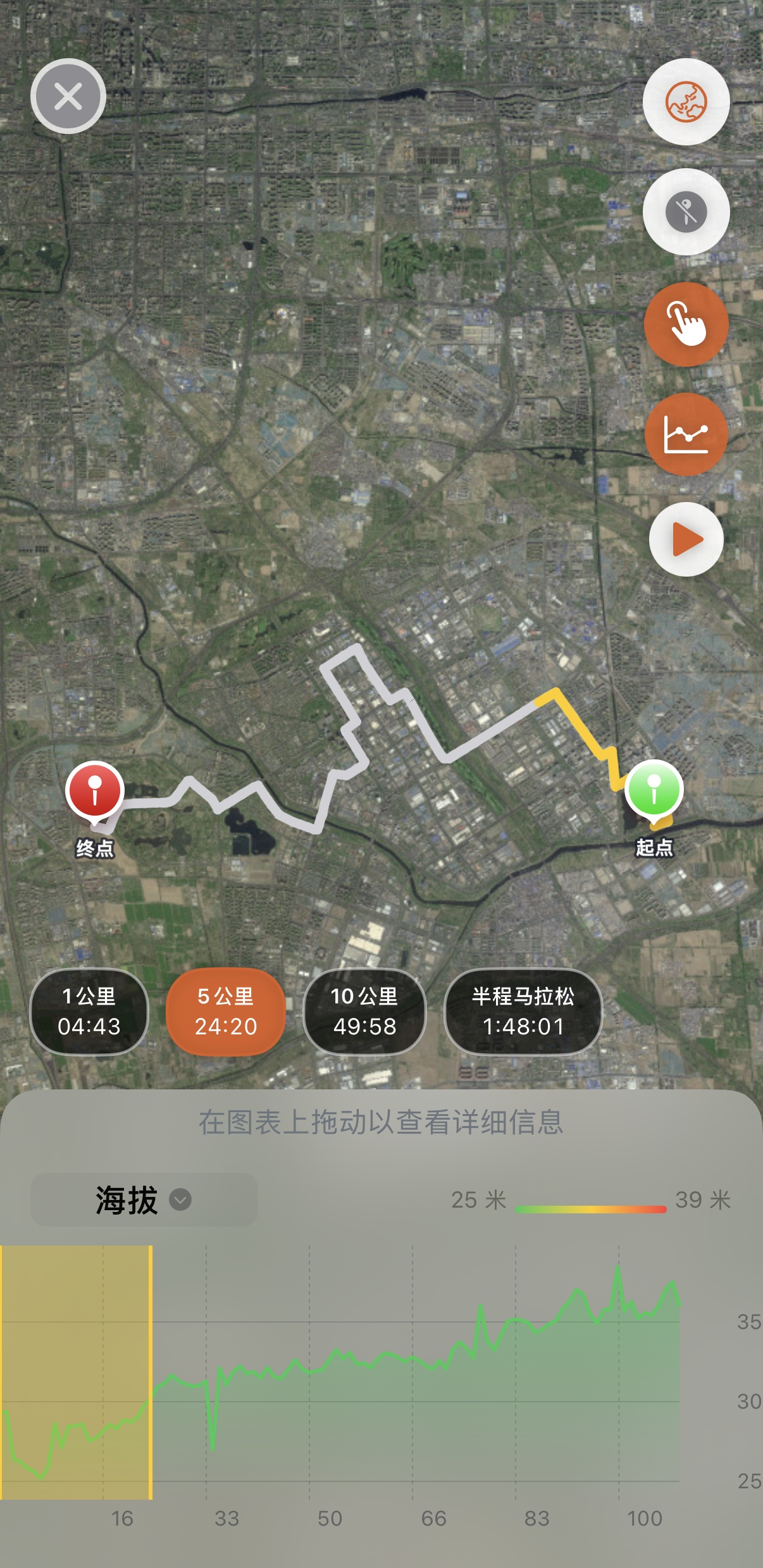 Apex Run 卫星全屏地图：5 公里最佳分段在赛道起点附近以明亮黄色标出，其余赛道以暗灰色淡化，底部胶囊选中 5 公里，下方海拔图表同步阴影高亮该区间