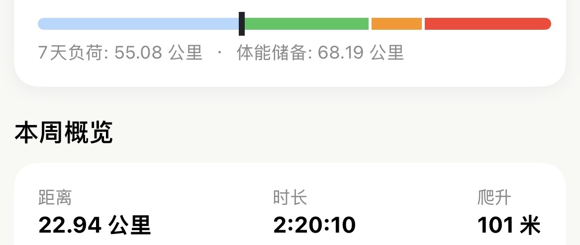 训练负荷卡片显示状态进度条与 7 天负荷 55.08 公里，紧挨其下方的本周概览卡片显示本周距离 22.94 公里